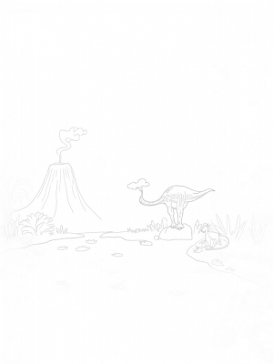 Prehistoric Jungle with Feathered Dinosaurs and a Volcano