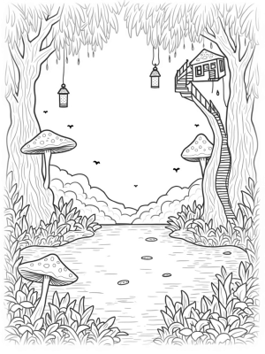 Mystical Forest Clearing with Giant Mushrooms and a Treehouse