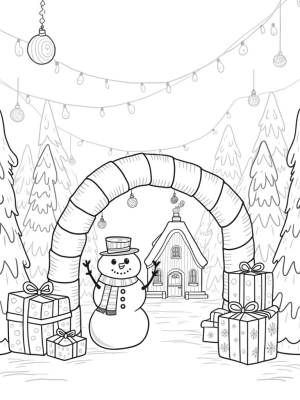 Holiday Village with Candy Cane Arch and Snowman