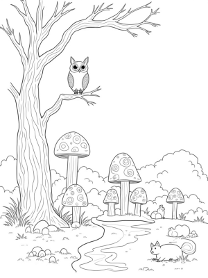 Spiraling Tree and Playful Woodland Creatures
