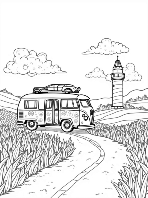 Vintage Suitcase Bus Surrounded by Wildflowers