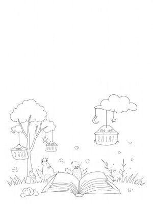 Dreamy Nursery Landscape with Cloud Cribs and Storybook
