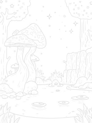 Oversized Mushrooms and a Twisting Tree in a Forest Clearing