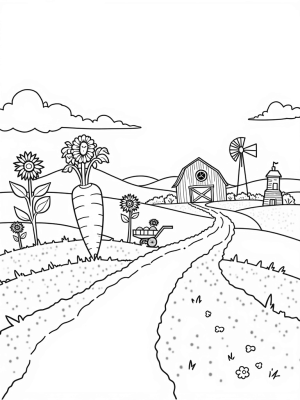 Vibrant Vegetable Farm with Giant Carrot and Whimsical Barn