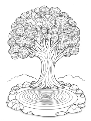 Colossal Tree with Mandala Leaves and Serene Pond