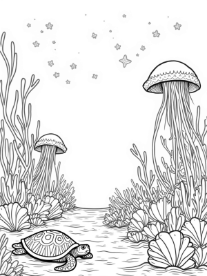 Underwater Garden with Seashells and Jellyfish