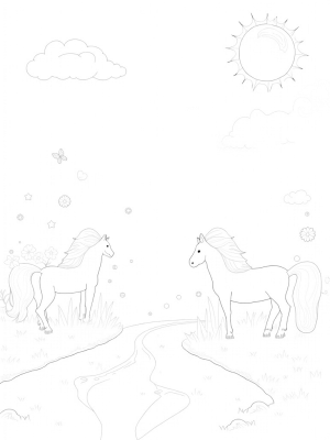 Magical Meadow with Ponies and Flowers