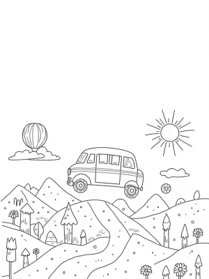 Bus-Shaped Hot Air Balloon Over Colorful Hills