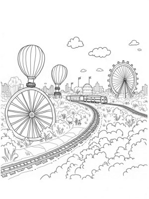 Hot Air Balloons and a Giant Bicycle Wheel in a Colorful Cityscape