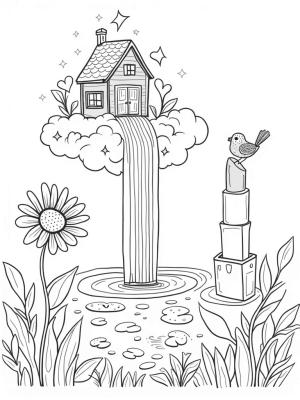 Dreamhouse on Clouds with Rainbow Waterfall