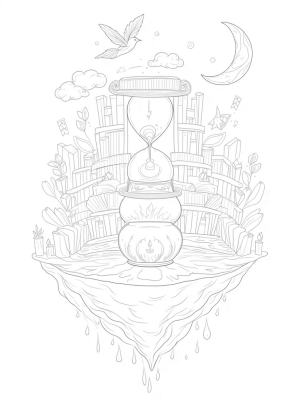 Floating Library with Soaring Books and a Magical Cauldron