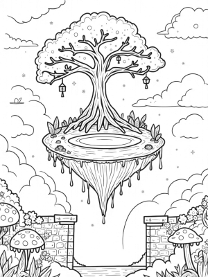 Floating Island with Ancient Tree and Shimmering Fairies