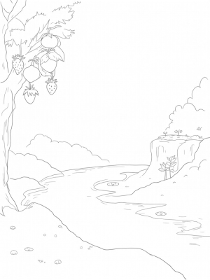 Giant Fruits and Chocolate River in a Whimsical Orchard