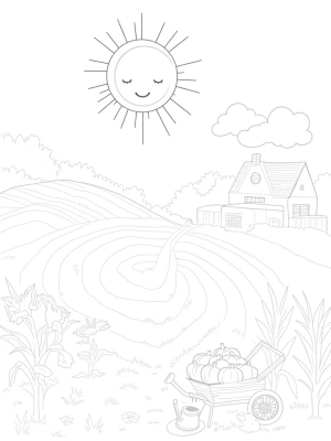 Sunny Farm with Smiling Sun and Colorful Garden