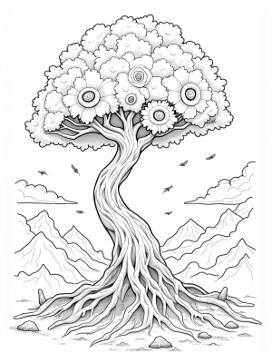 Colossal Tree with Gear-Like Flowers and Ancient Titans