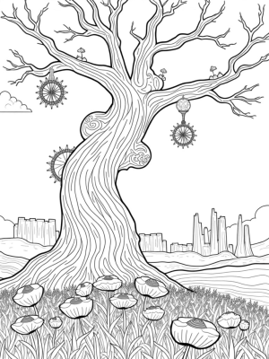 Colossal Tree with Floating Gears and Oversized Flowers