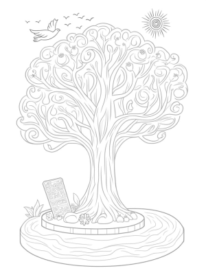 Grand Tree of Life with Flowing River and Doves