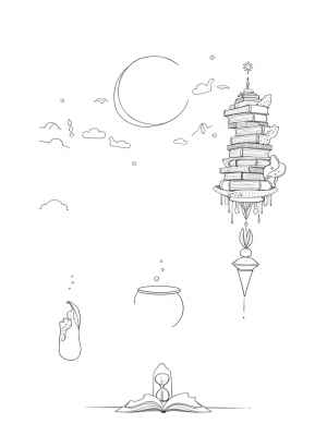 Floating Library with Spellbooks and Enchanted Quills