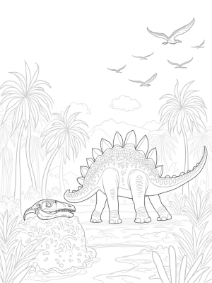 Prehistoric Jungle with Stegosaurus and Pterodactyls