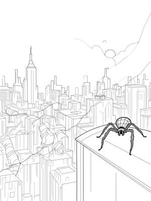 Twilight Cityscape with Spider and Comic Pages