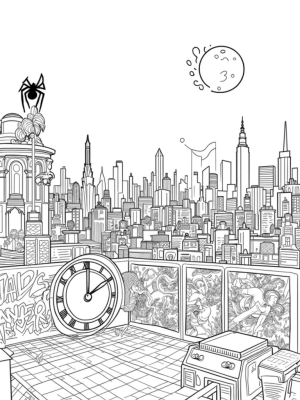 Urban Skyline with Spider Clock and Graffiti