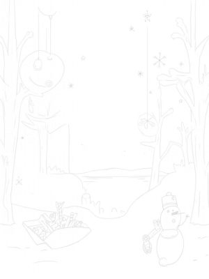 Winter Wonderland with Giant Ornaments and a Snowman