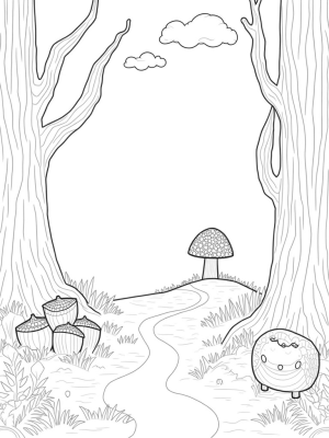 Enchanting Forest Clearing with Spiral Trees and Giant Mushroom