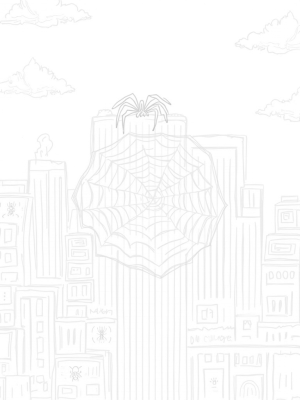 Cityscape with Silver Spider Webs and Comic Panels