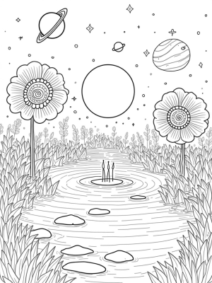 Cosmic Garden with Planetary Flowers and a Spiral Galaxy Fountain