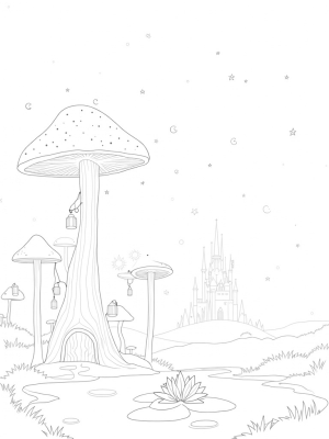 Mushroom Forest with Lanterns and a Hidden Door
