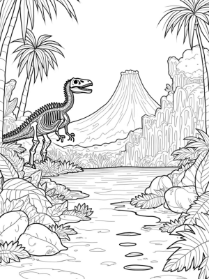 Dinosaur Skeleton in a Lush Prehistoric Jungle