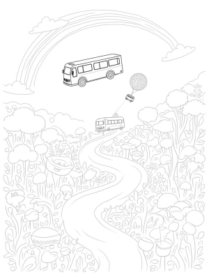 Floating Bus Above a Dreamy Cityscape