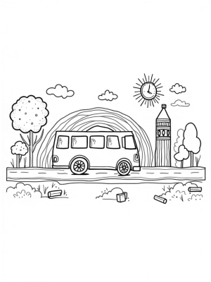 Rainbow Bus in a Colorful Cityscape