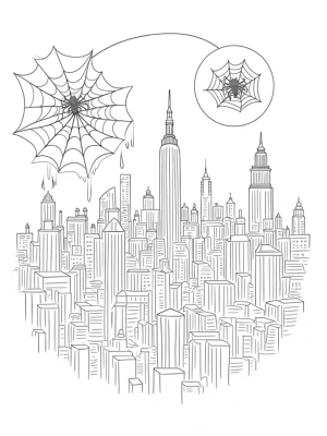 Urban Skyline with Spider Webs at Dusk