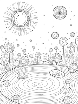 Cosmic Garden with Swirling Orbs and Celestial Patterns