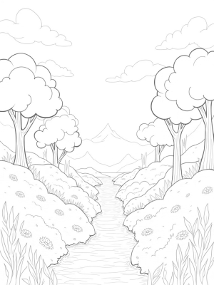 Serene Valley with Gemstone Pebbles and Spiraling Trees