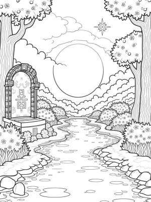 Serene Garden with Glowing Fruit Trees