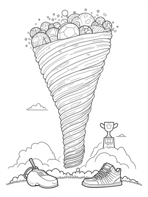 Tornado of Sports Balls and Trophies