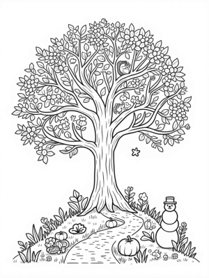 Four Seasons Tree with Blossoms, Leaves, and Snowflakes