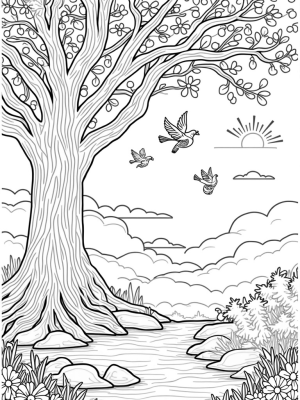 Ancient Tree with Fruit and Flowing River