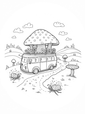 Mushroom-Shaped Bus Surrounded by Flowers and Insects