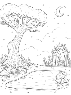 Colossal Tree with Twisting Branches and Tranquil Pond