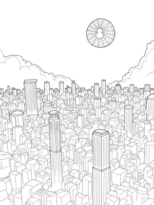 Cityscape with Spider Webs and Comic Book Panels