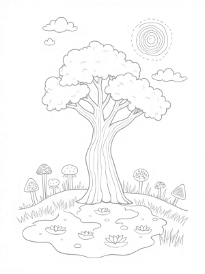 Whimsical Tree with Geometric Leaves and Playful Clouds