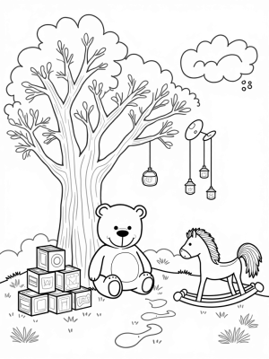 Giant Teddy Bear Under a Colorful Block Tree