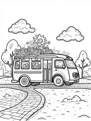 Giant Bus Greenhouse in a Whimsical Cityscape