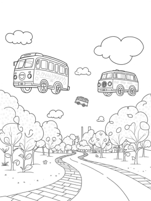 Giant Buses Floating Among Colorful Clouds