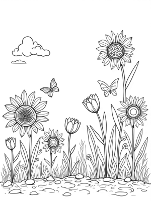 Enchanting Flower Garden with Spiral Sunflower and Dancing Wildflowers