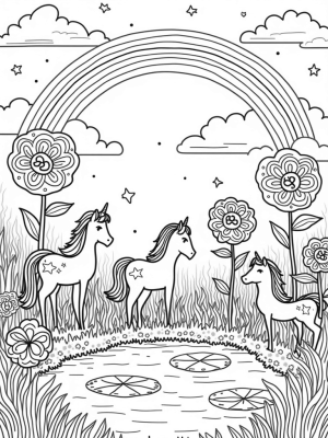 Meadow of Cloud-Like Ponies and Spiraling Flowers