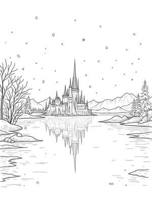 Frozen Lake with Ice Castle and Snowy Trees